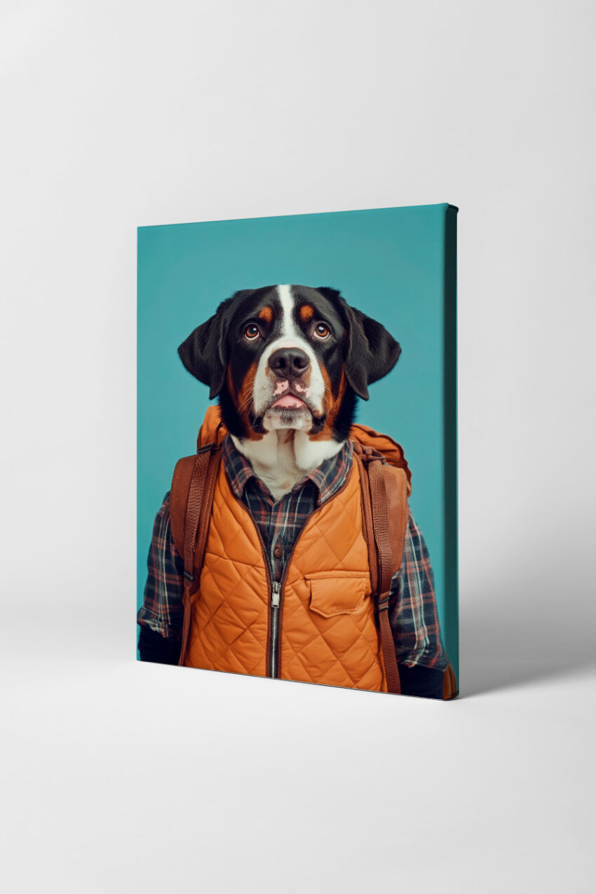 Fotografie Poster Bernersennenhund mit Rucksack frontal braun schwarz weiß