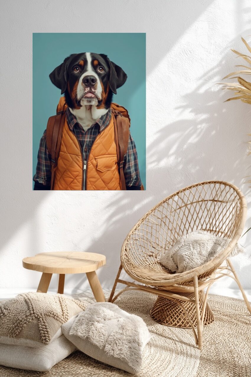 Fotografie Poster Bernersennenhund mit Rucksack frontal braun schwarz weiß