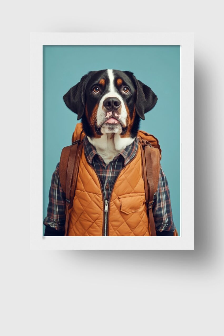 Fotografie Poster Bernersennenhund mit Rucksack frontal braun schwarz weiß