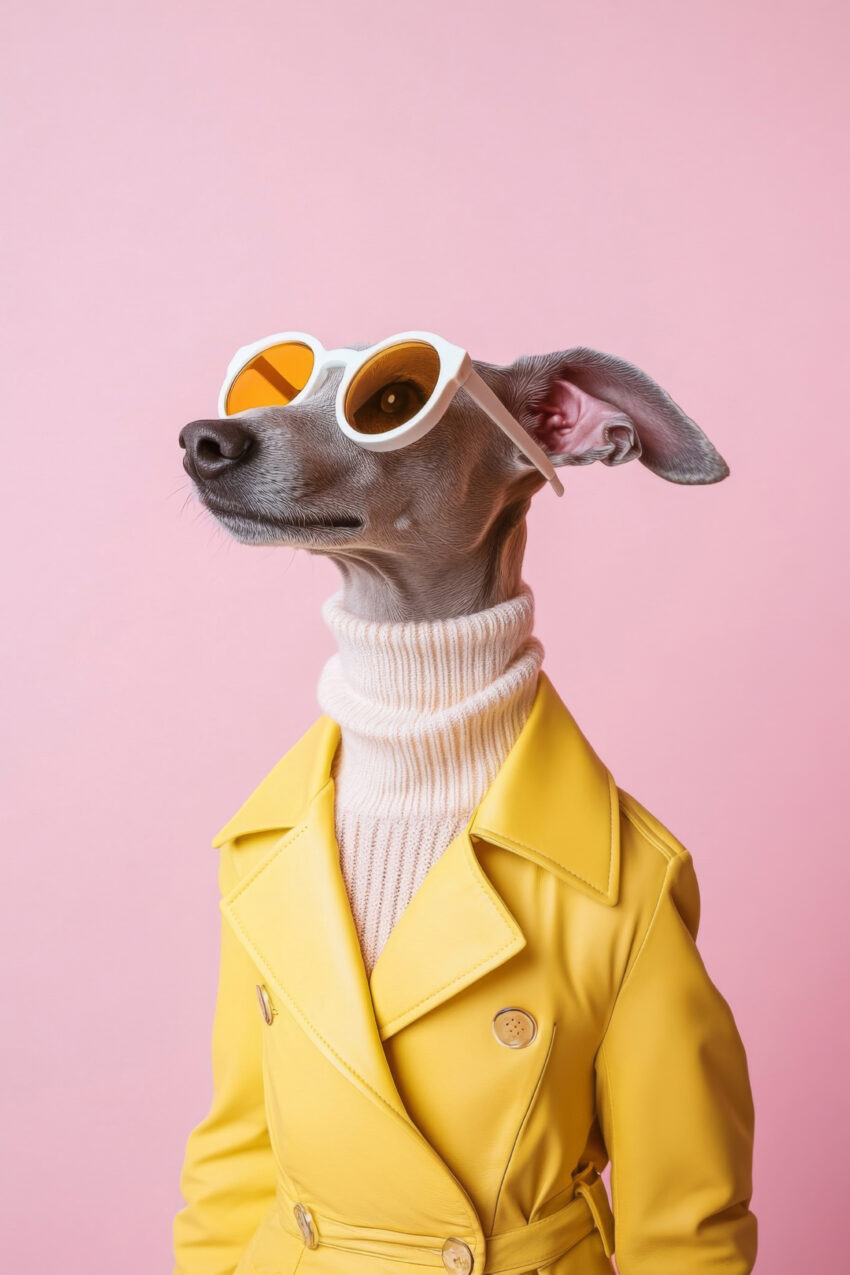 Fotografie Poster Windhund gelber Mantel Sonnenbrille rosa
