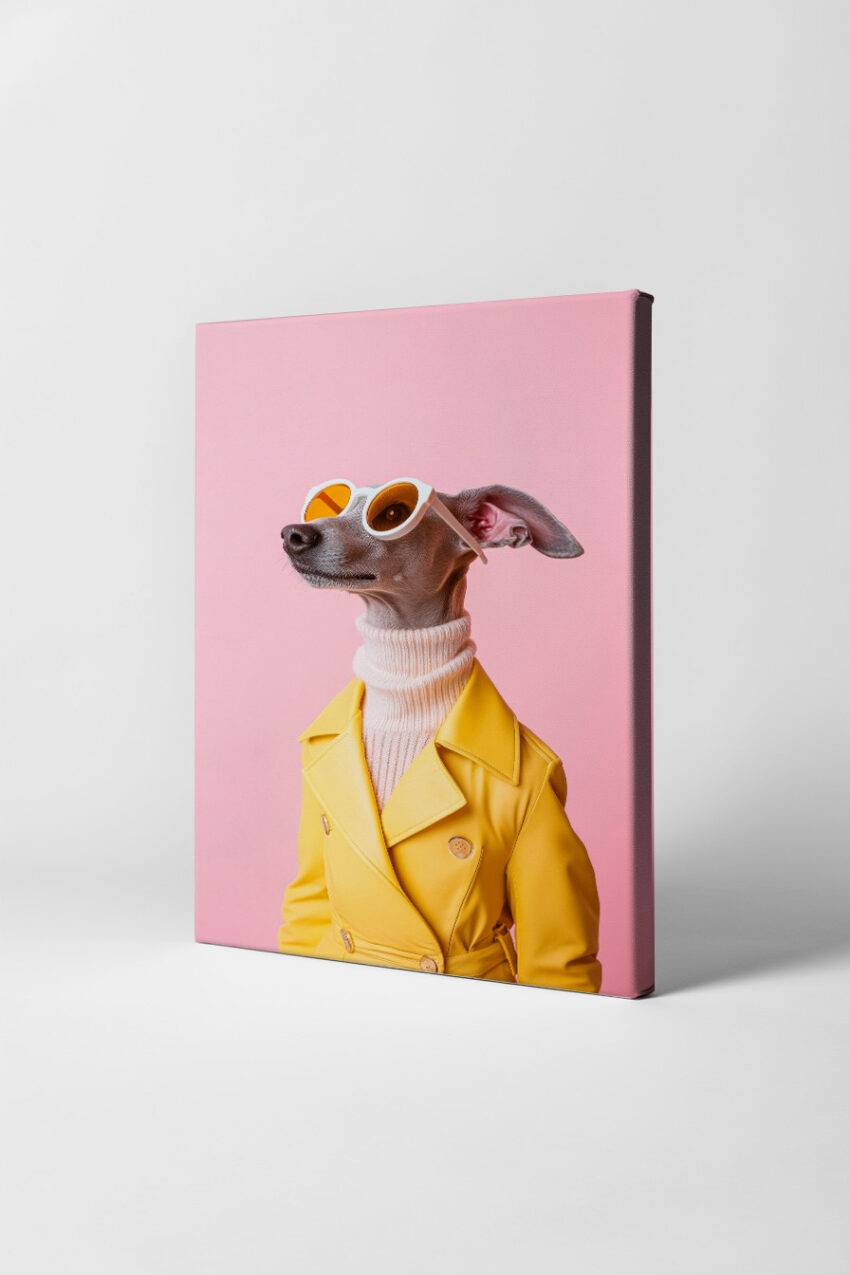 Fotografie Poster Windhund gelber Mantel Sonnenbrille rosa