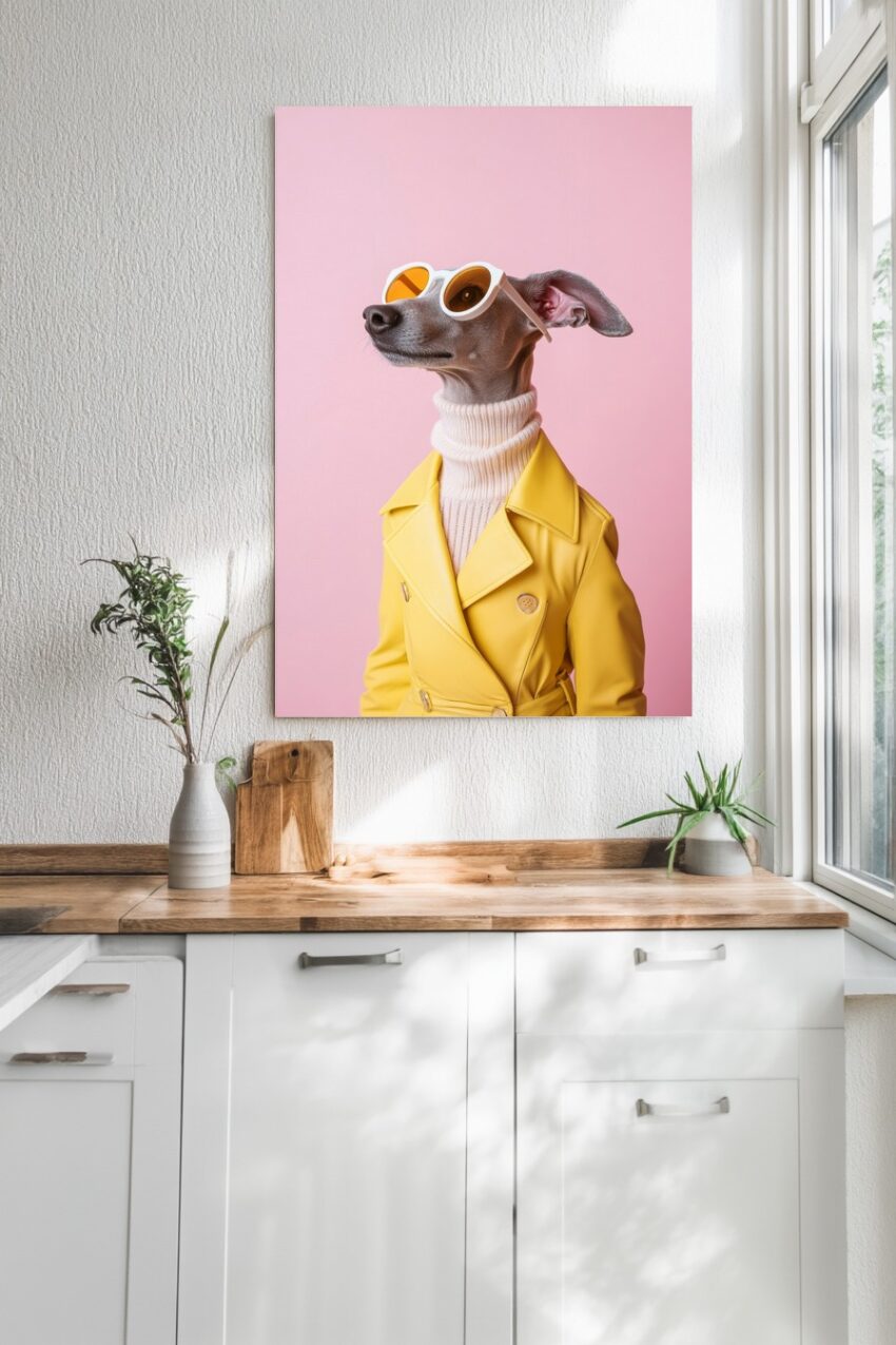 Fotografie Poster Windhund gelber Mantel Sonnenbrille rosa