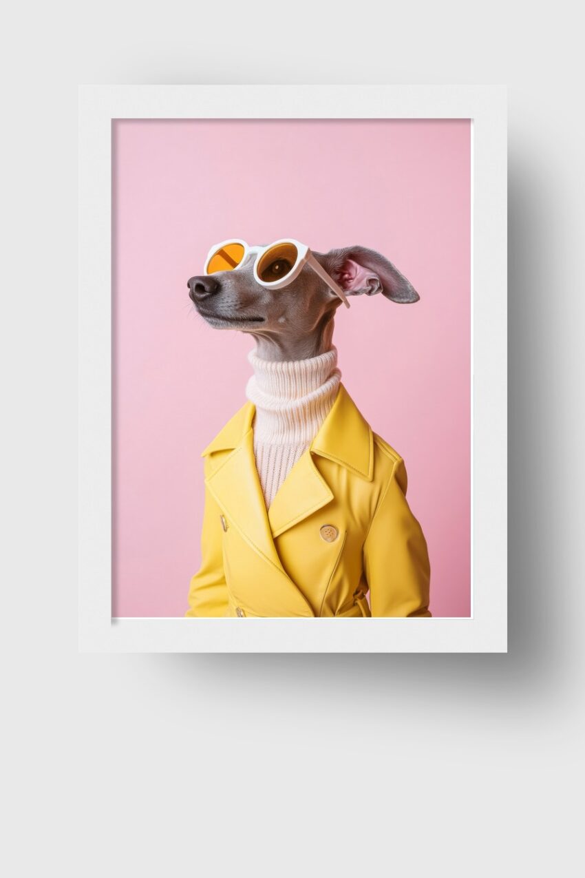 Fotografie Poster Windhund gelber Mantel Sonnenbrille rosa