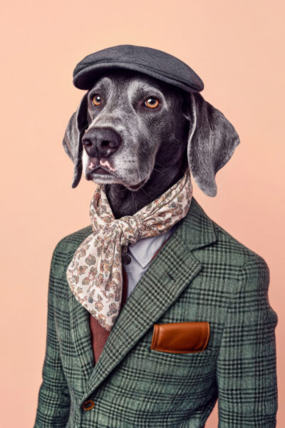 Hund mit Schirmmütze und Halstuch Gerahmt