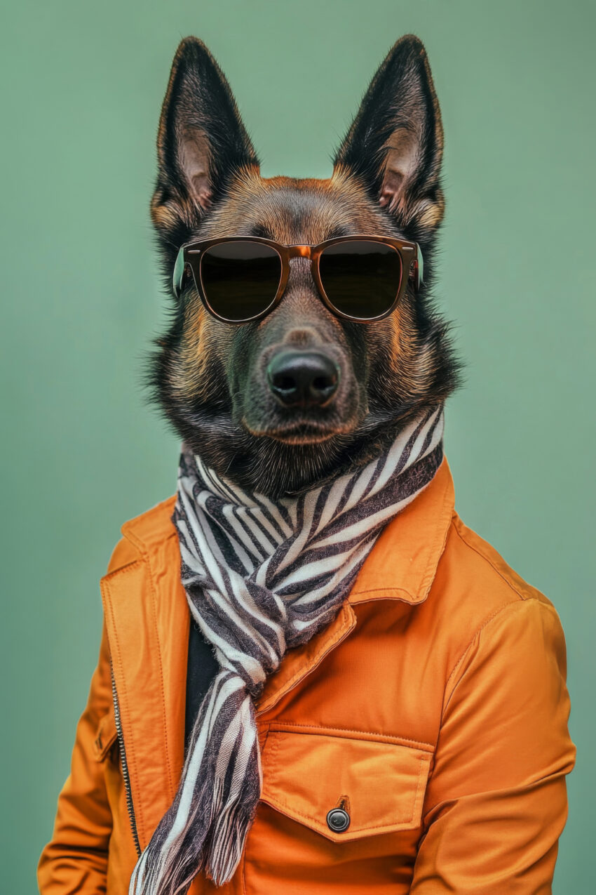 Fotografie Poster deutscher schäferhund Sonnenbrille orangejacke