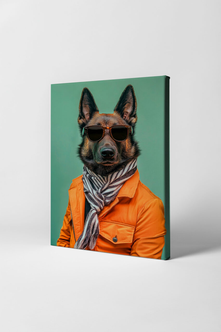 Fotografie Poster deutscher schäferhund Sonnenbrille orangejacke
