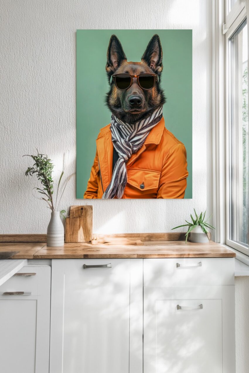 Fotografie Poster deutscher schäferhund Sonnenbrille orangejacke