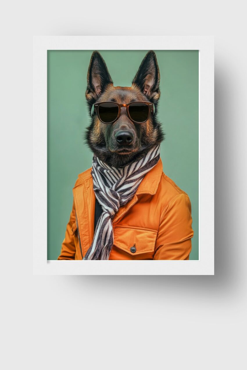 Fotografie Poster deutscher schäferhund Sonnenbrille orangejacke