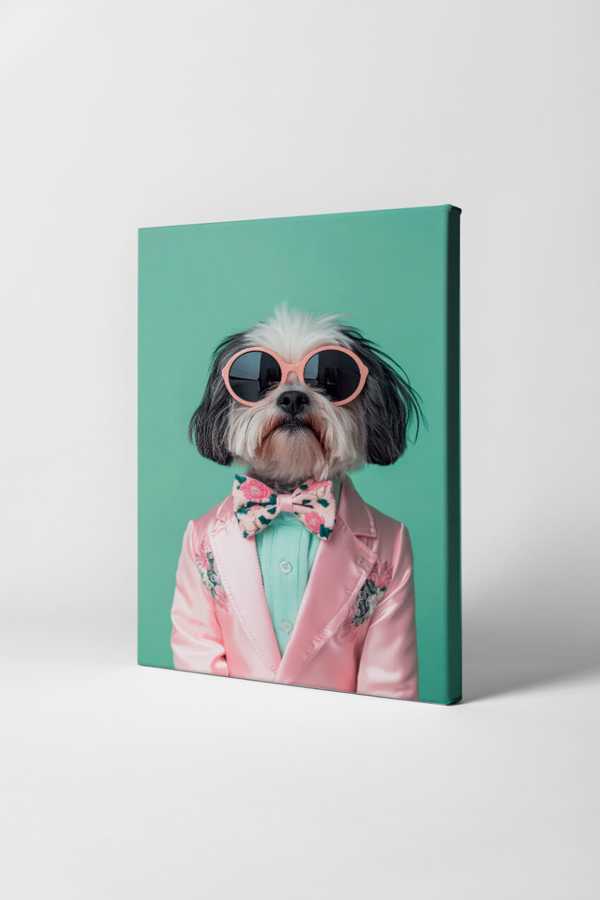 Fotografie Poster Hund mit Anzug rosa Sonnenbrille pastell
