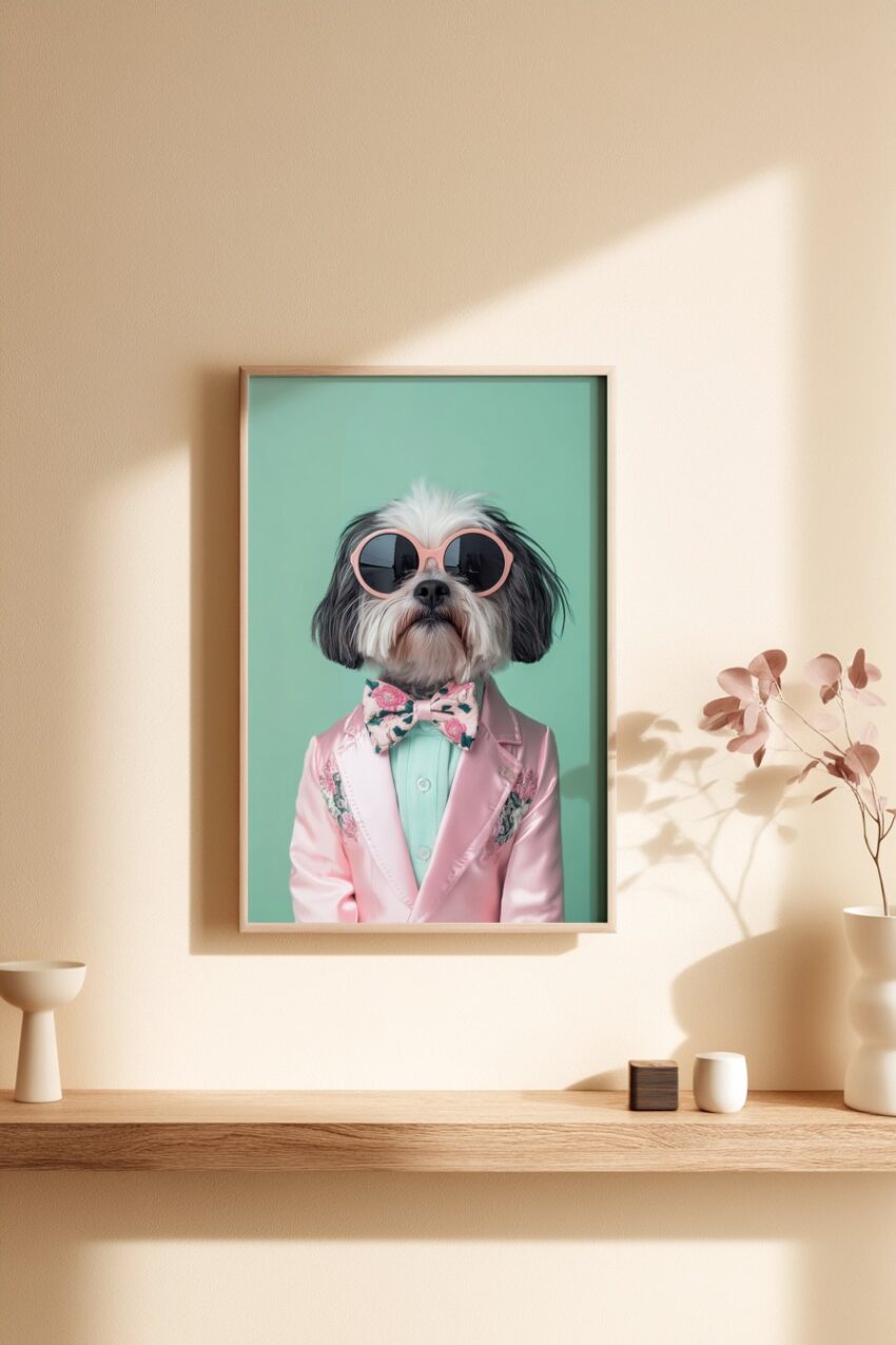 Fotografie Poster Hund mit Anzug rosa Sonnenbrille pastell