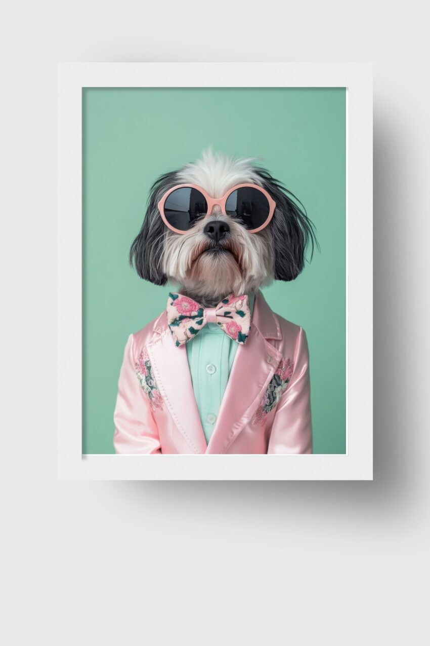 Fotografie Poster Hund mit Anzug rosa Sonnenbrille pastell