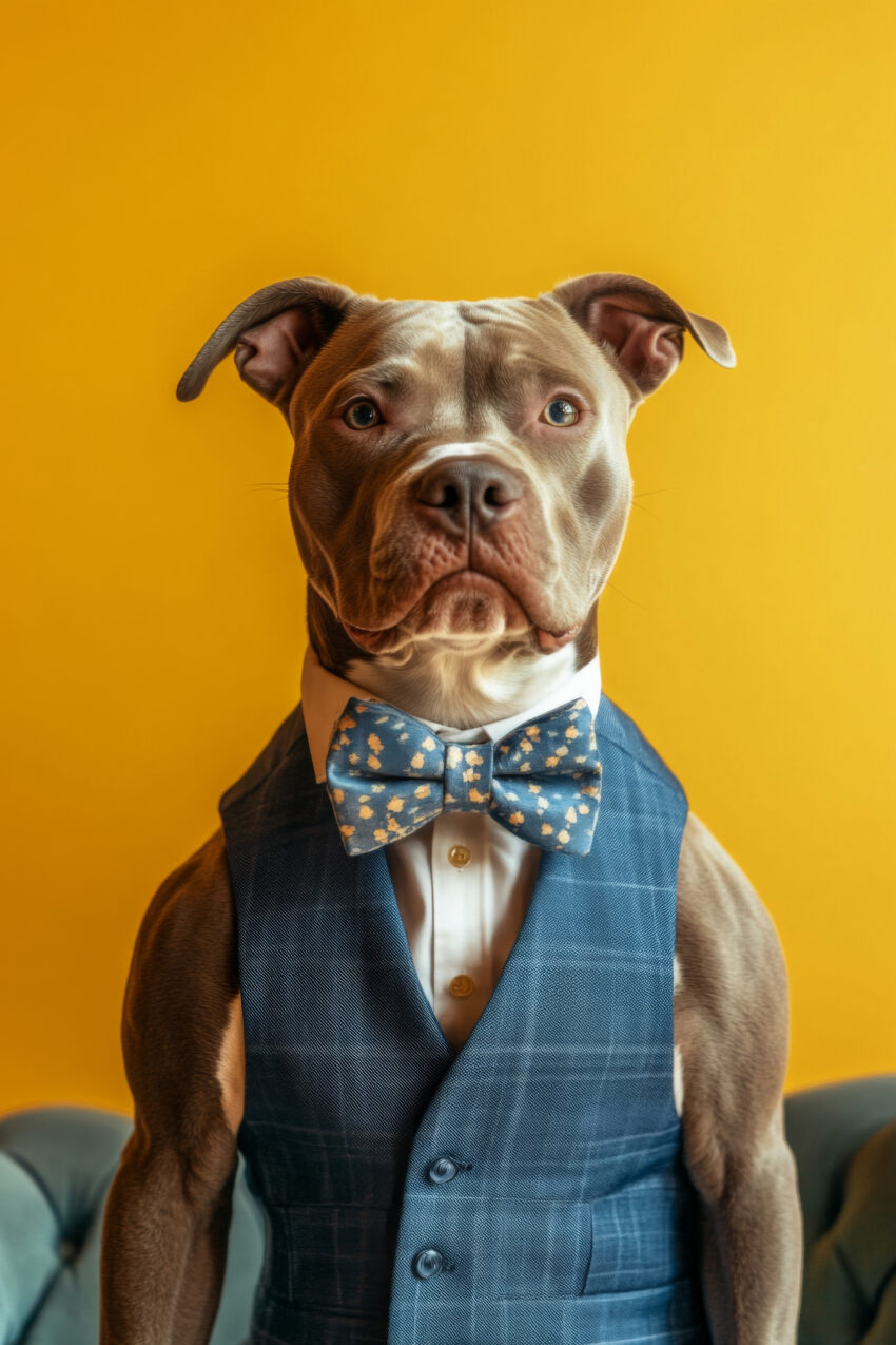 Fotografie Poster Hund Anzug gemusterte Fliege blau gelb
