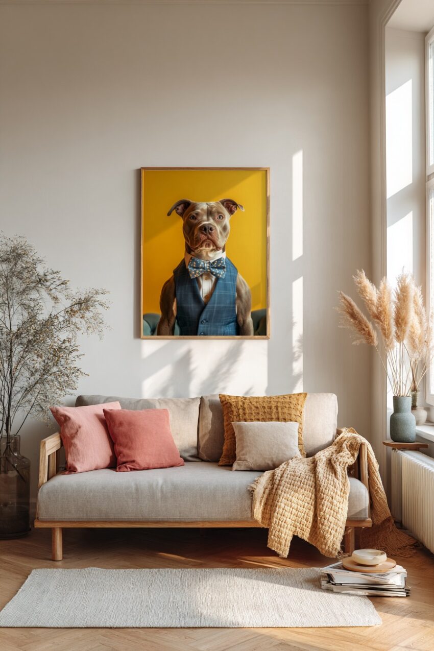Fotografie Poster Hund Anzug gemusterte Fliege blau gelb