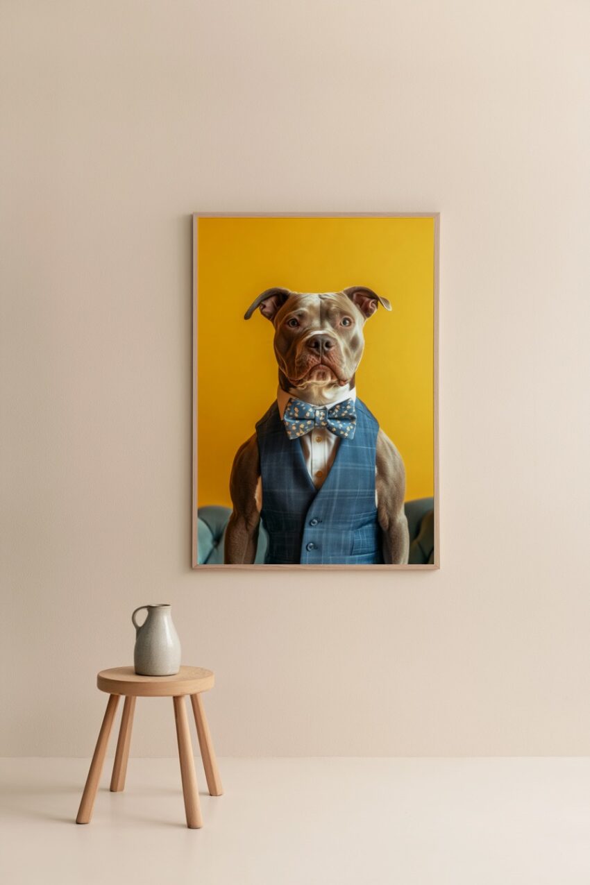 Fotografie Poster Hund Anzug gemusterte Fliege blau gelb