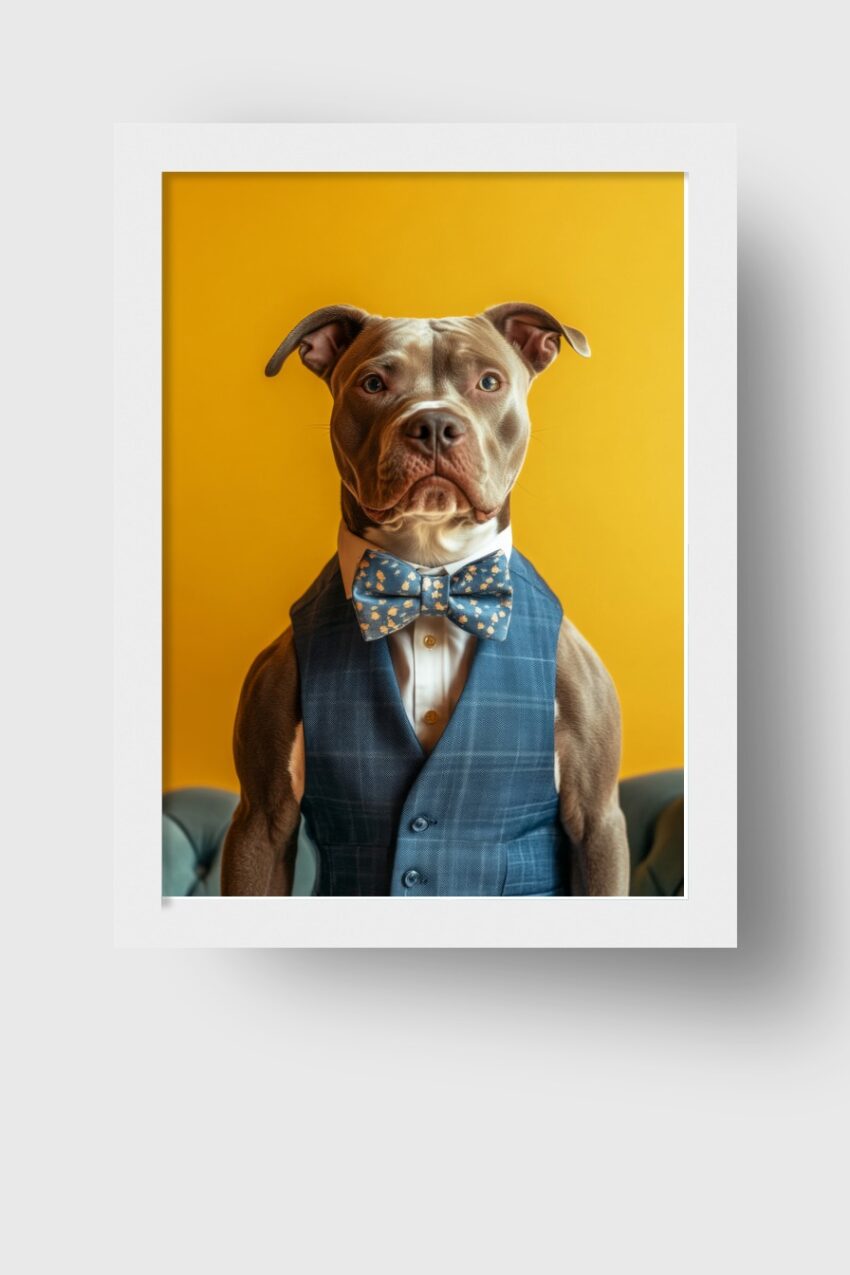 Fotografie Poster Hund Anzug gemusterte Fliege blau gelb