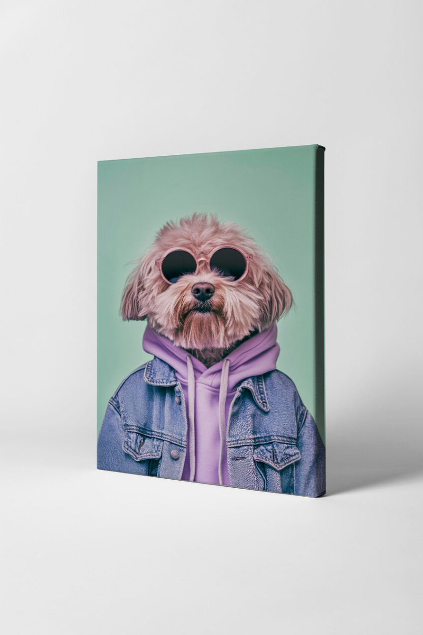 Fotografie Poster Hund Hoodie Jeansjacke runde Sonnenbrille