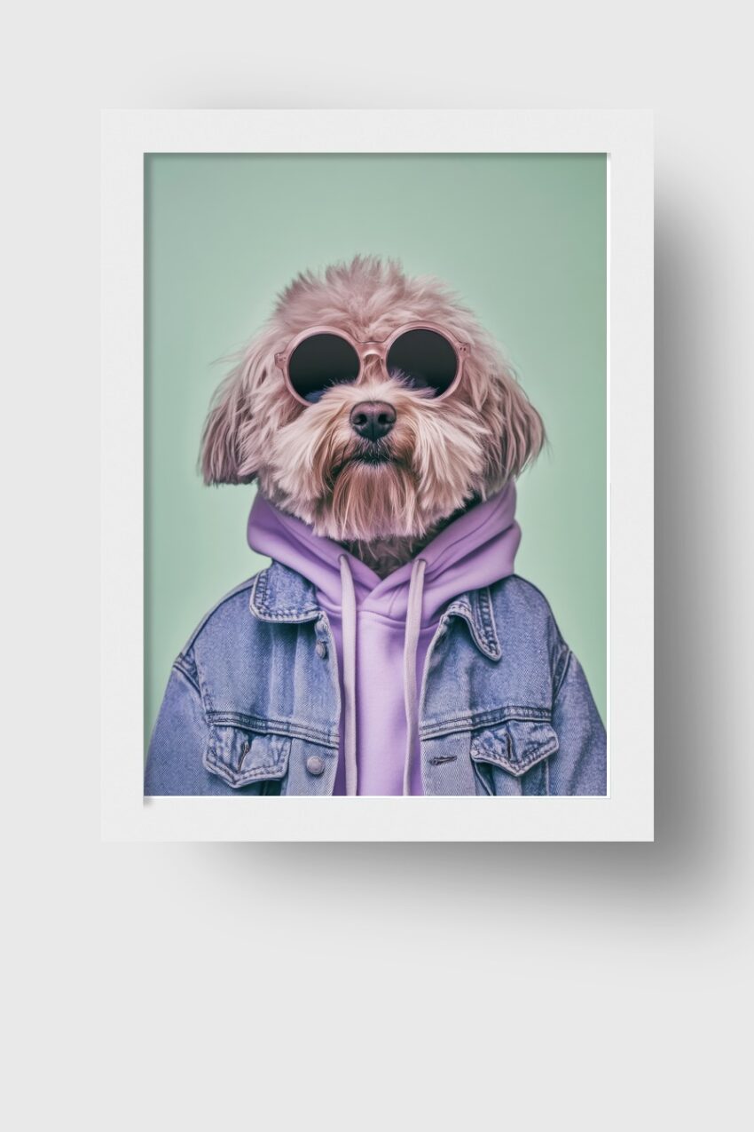 Fotografie Poster Hund Hoodie Jeansjacke runde Sonnenbrille