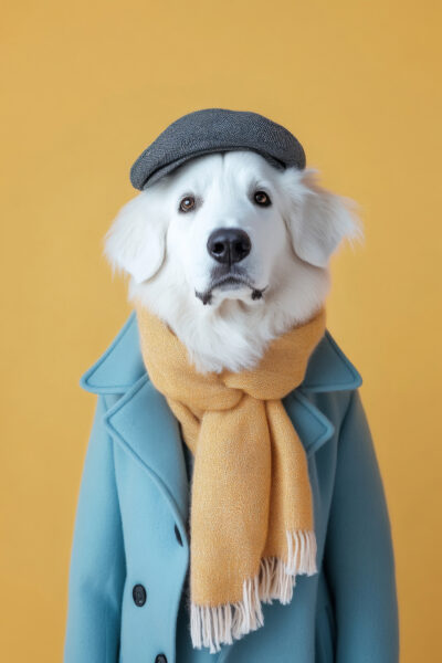 Hund mit Mantel und Mütze Poster