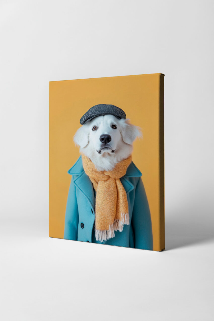 Fotografie Poster Hund Mantel Mütze weiß gelb blau