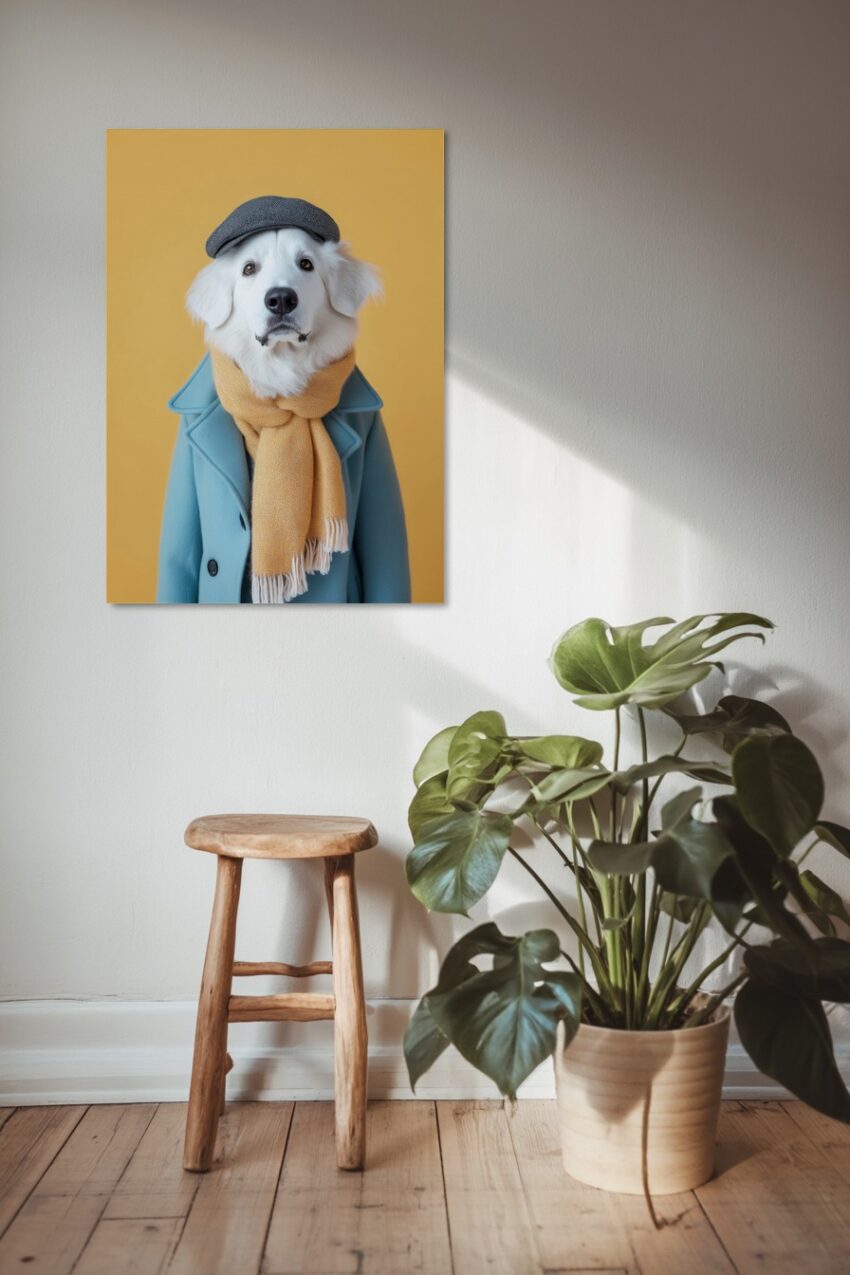 Fotografie Poster Hund Mantel Mütze weiß gelb blau