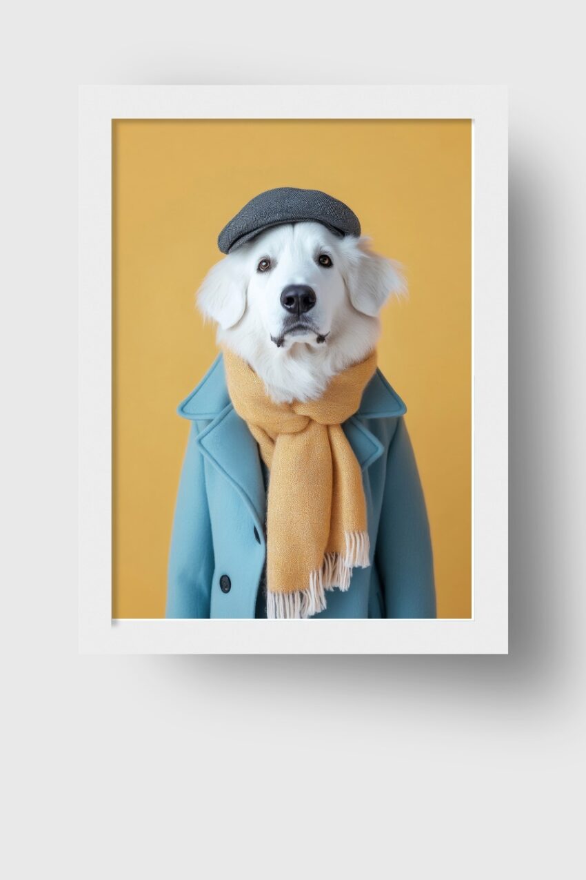 Fotografie Poster Hund Mantel Mütze weiß gelb blau