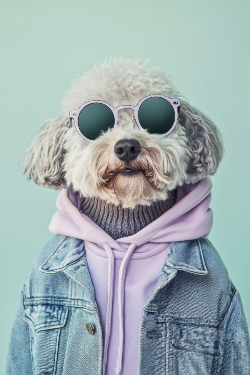 Fotografie Poster Hund Sonnenbrille Hoodie urban blau lila
