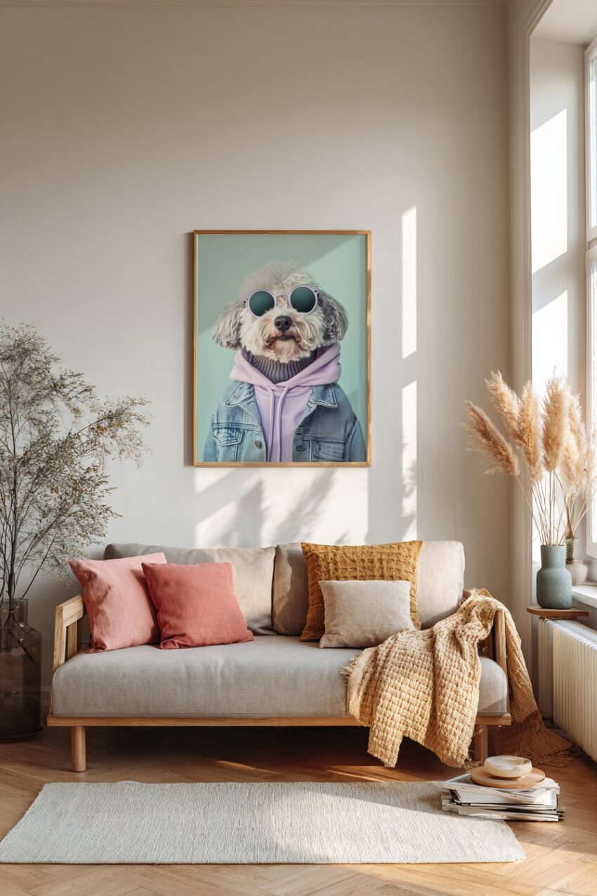 Fotografie Poster Hund Sonnenbrille Hoodie urban blau lila