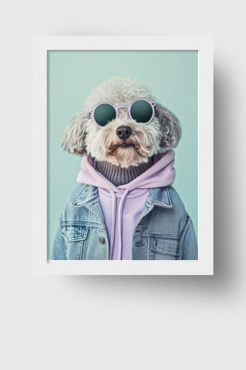 Fotografie Poster Hund Sonnenbrille Hoodie urban blau lila