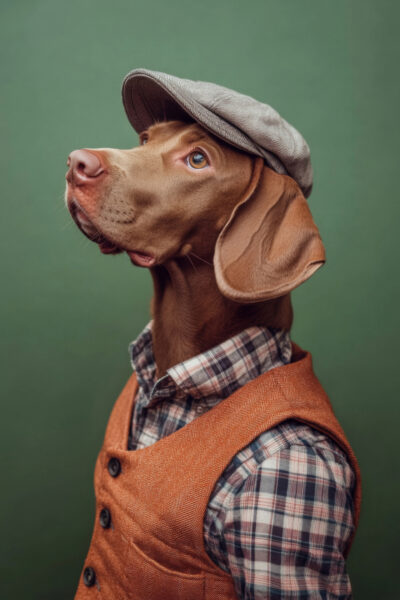 Hund mit Weste und Schiebermütze Poster
