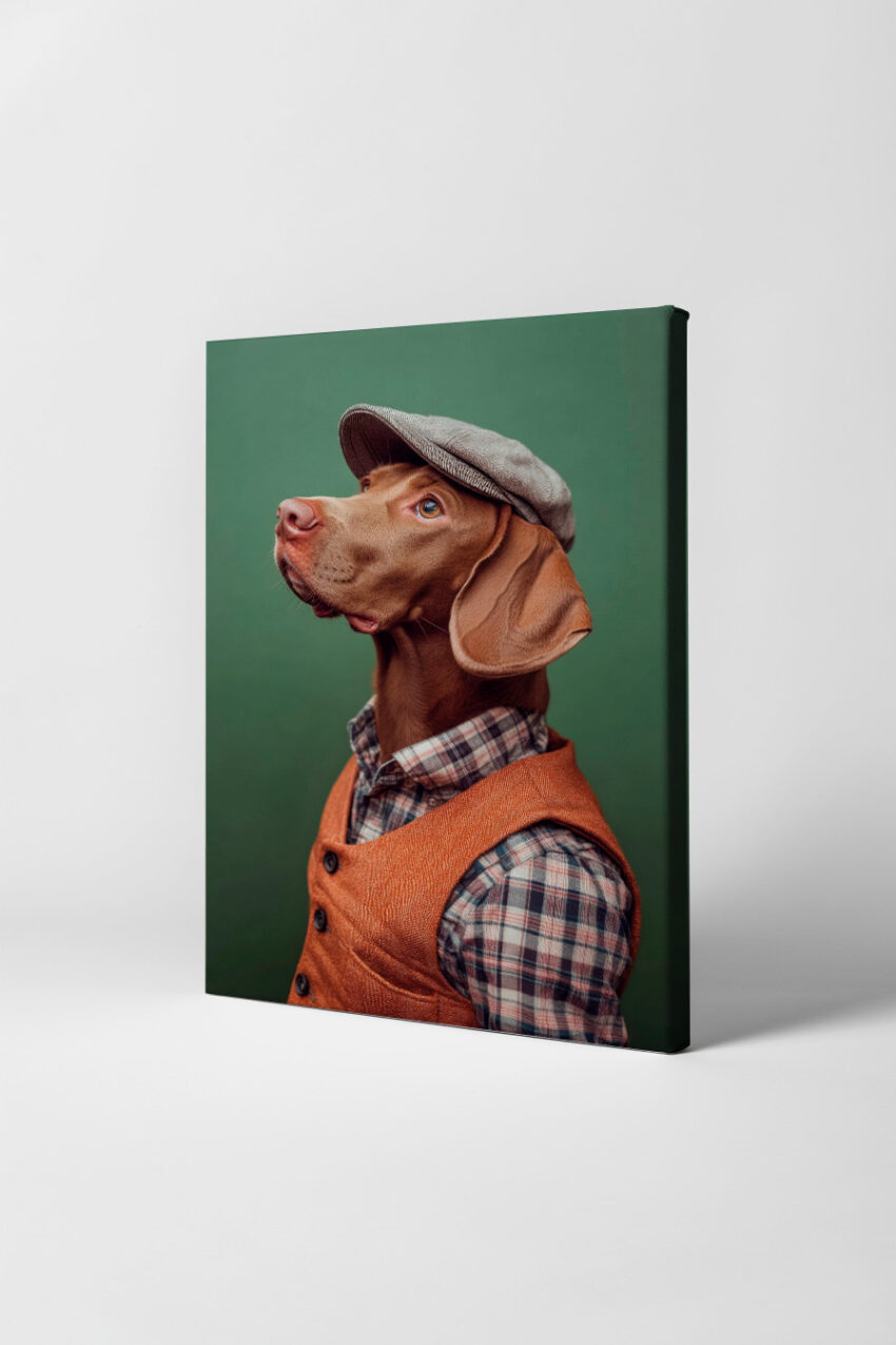 Fotografie Poster Hund braun schiebermütze weste kariert