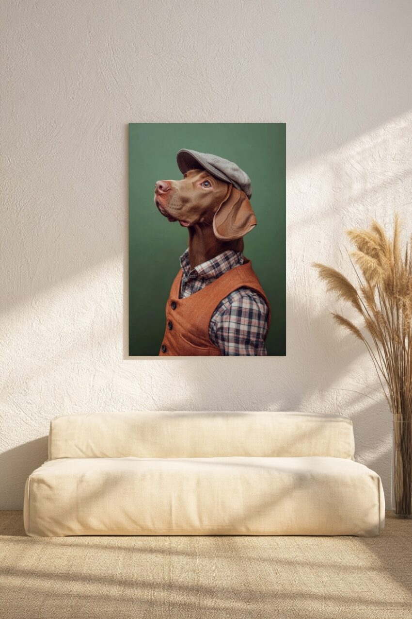 Fotografie Poster Hund braun schiebermütze weste kariert
