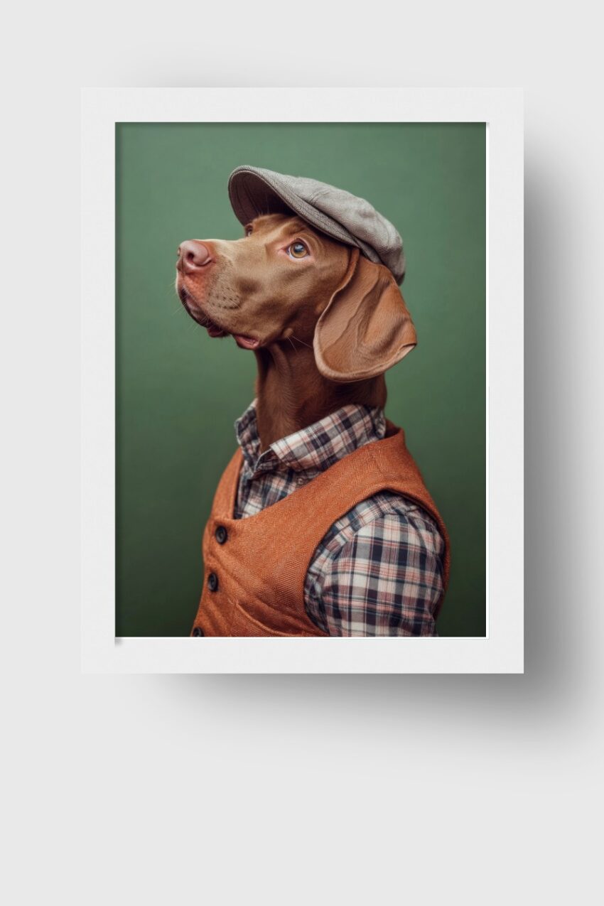 Fotografie Poster Hund braun schiebermütze weste kariert