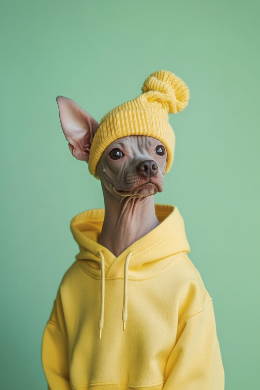 Fotografie Poster Nackthund gelbe Mütze knallig