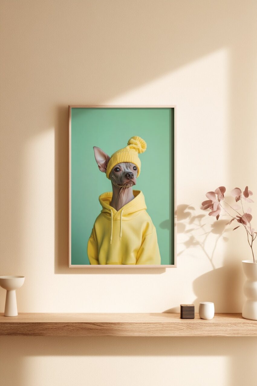Fotografie Poster Nackthund gelbe Mütze knallig
