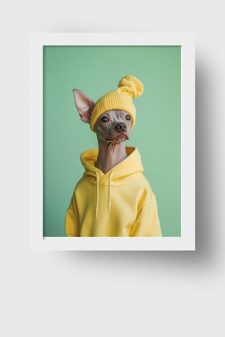 Fotografie Poster Nackthund gelbe Mütze knallig