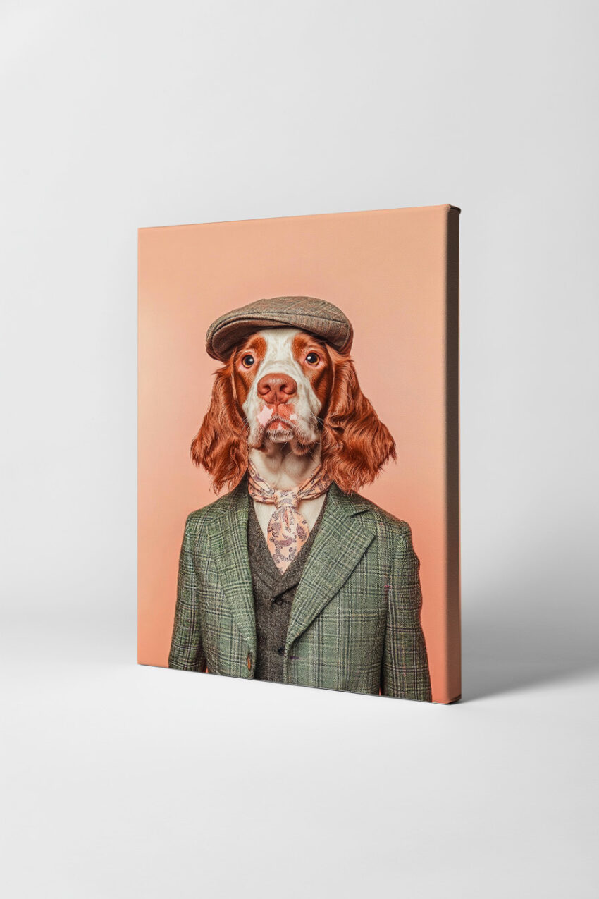 Fotografie Poster Spaniel Hund Anzug Schiebermütze Detail