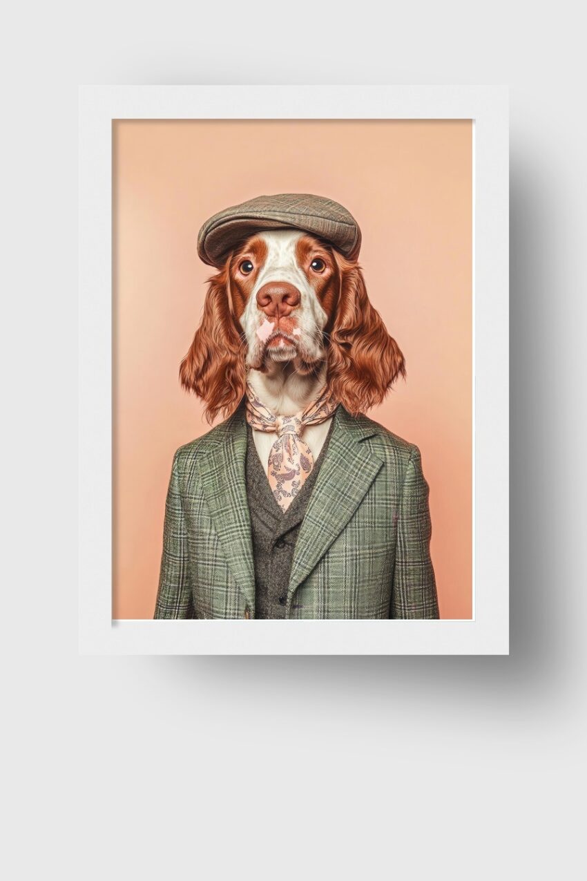 Fotografie Poster Spaniel Hund Anzug Schiebermütze Detail