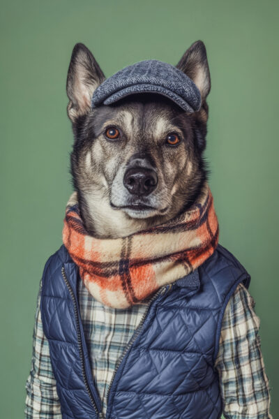 Hund mit Winterkleidung Gerahmt