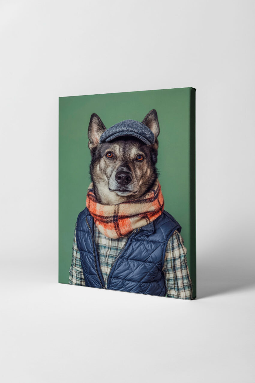 Fotografie Poster Hund mit Winterkleidung Schiebermütze Schal blau orange