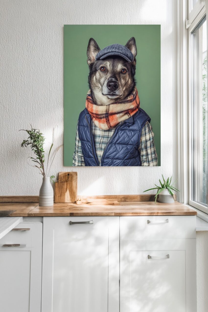 Fotografie Poster Hund mit Winterkleidung Schiebermütze Schal blau orange