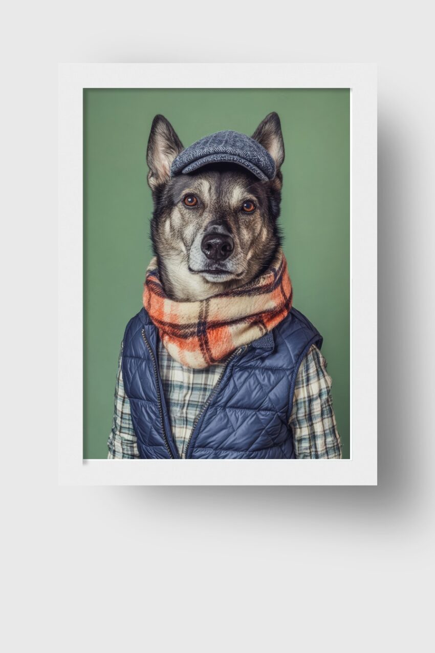 Fotografie Poster Hund mit Winterkleidung Schiebermütze Schal blau orange