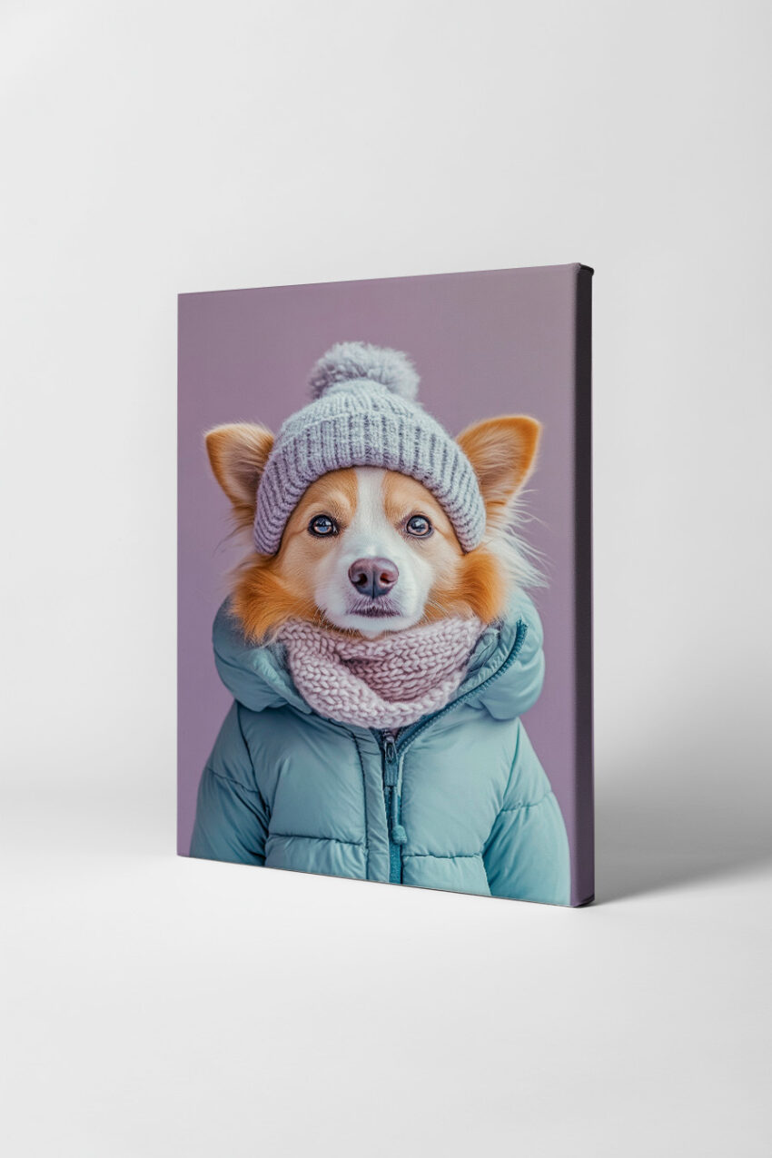 Fotografie Poster Hund Wintermütze strick hellblau