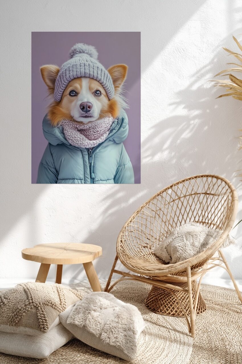 Fotografie Poster Hund Wintermütze strick hellblau