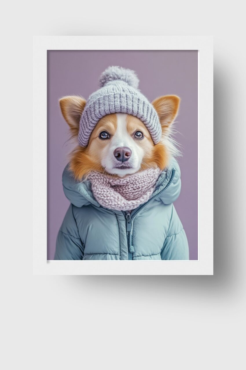 Fotografie Poster Hund Wintermütze strick hellblau