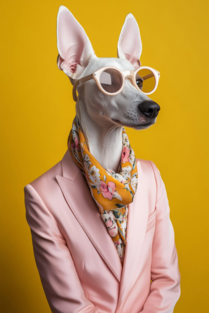Fotografie Poster Windhund weiß Sonnenbrille Schal gelb rosa