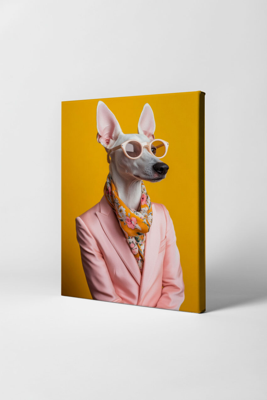 Fotografie Poster Windhund weiß Sonnenbrille Schal gelb rosa
