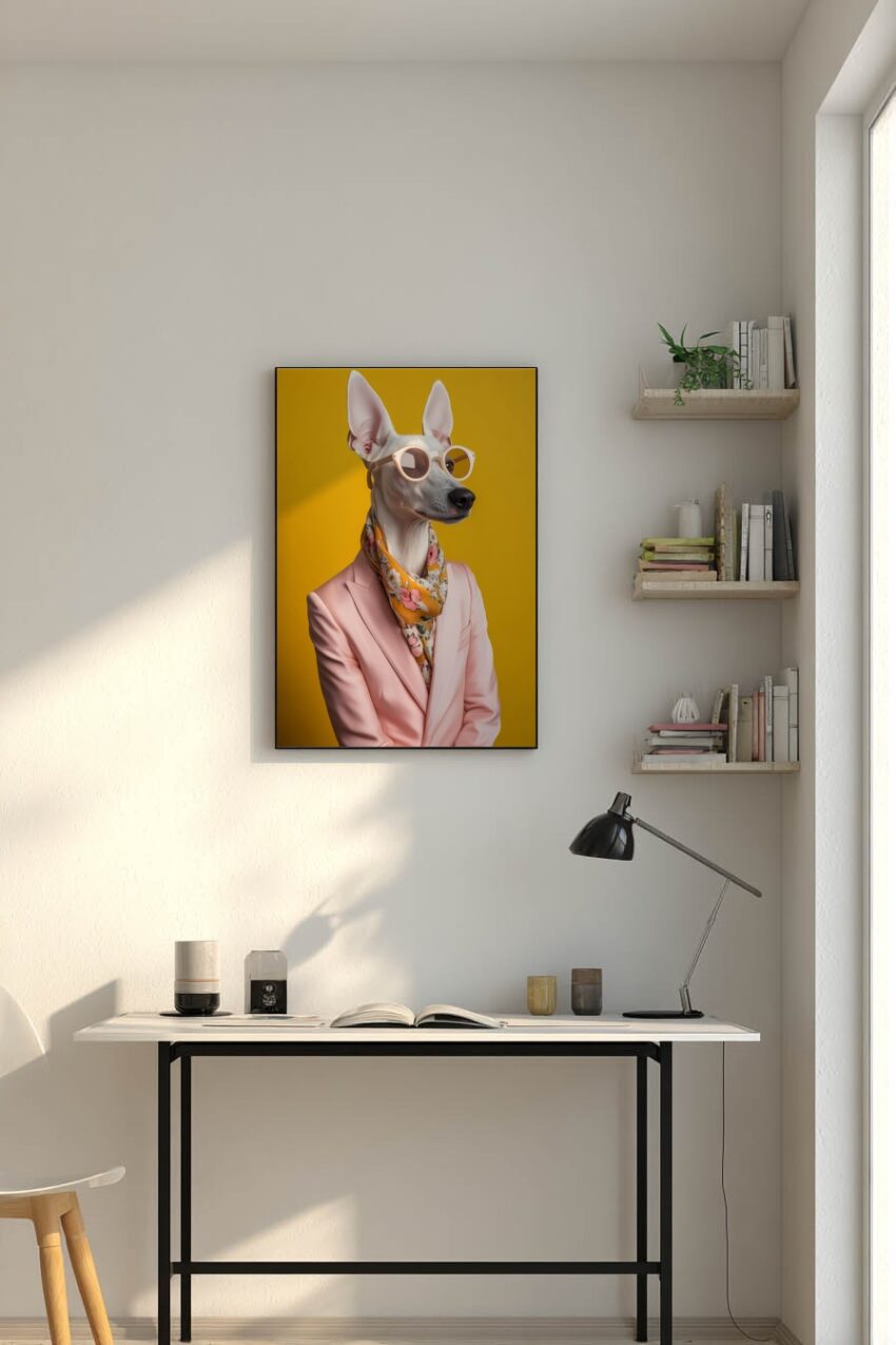Fotografie Poster Windhund weiß Sonnenbrille Schal gelb rosa