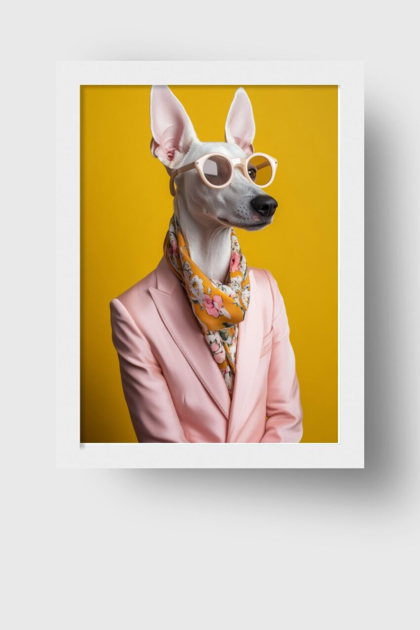 Fotografie Poster Windhund weiß Sonnenbrille Schal gelb rosa