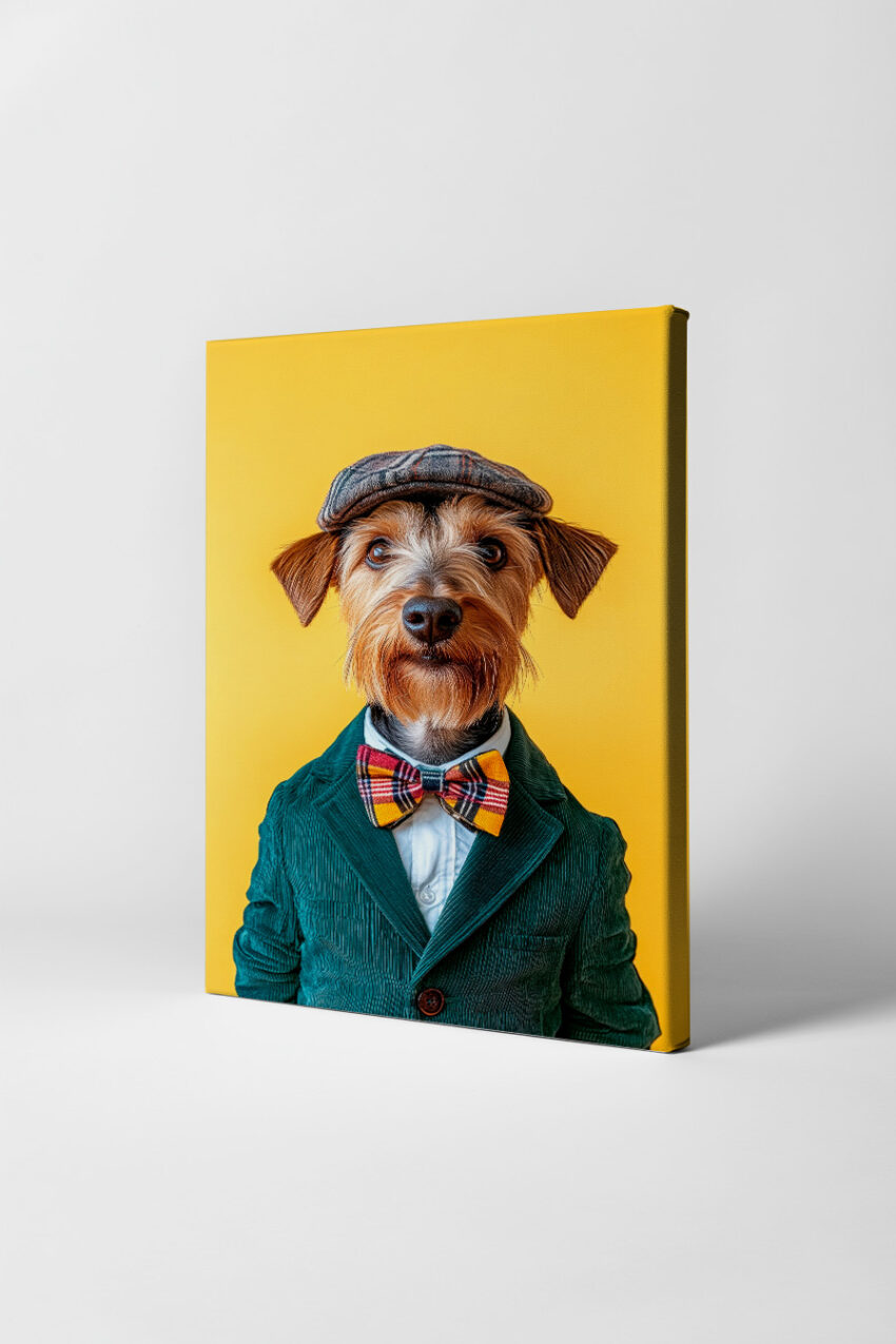 Fotografie Poster Hund Fliege Jackett gelb dominant