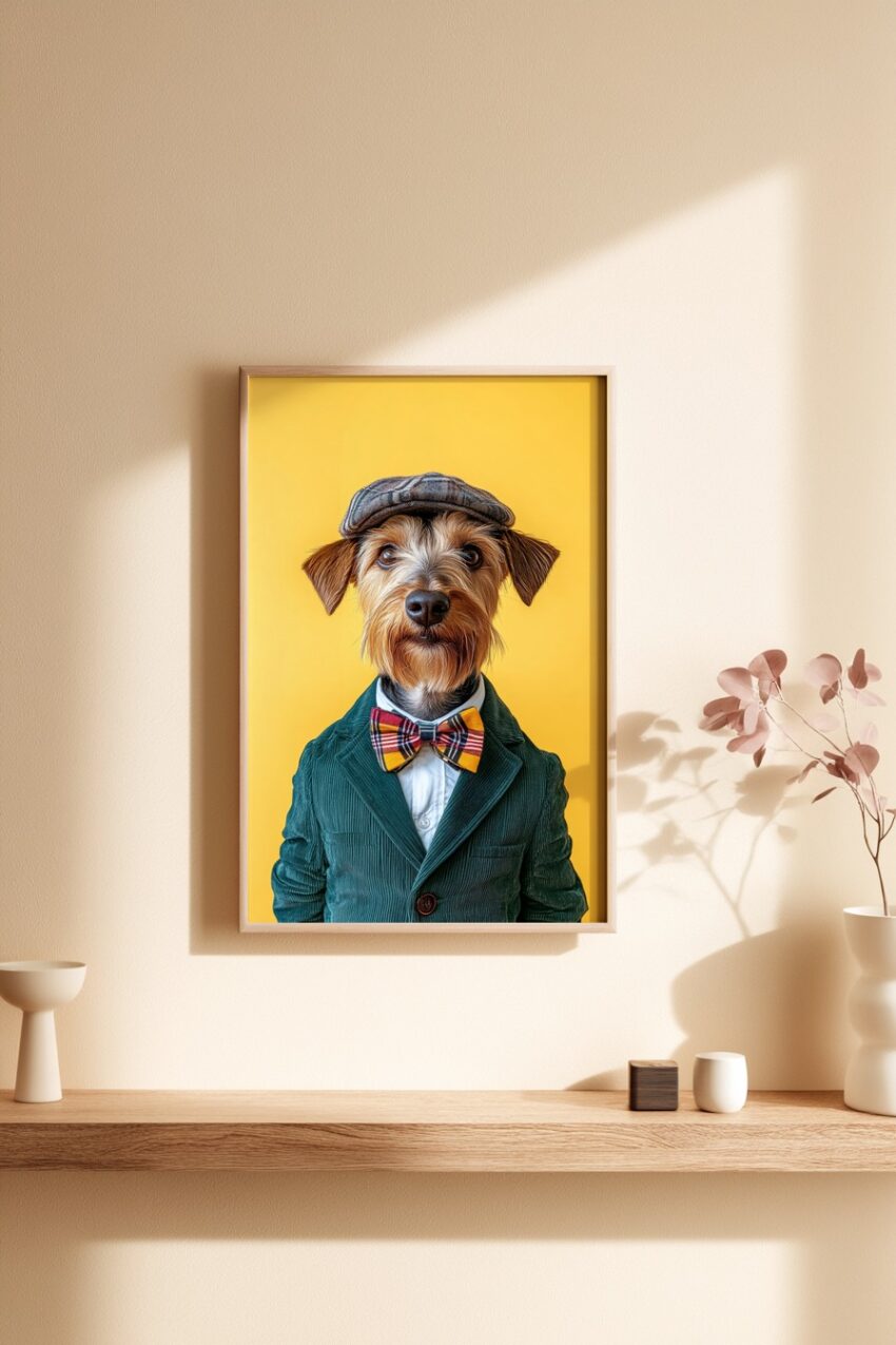 Fotografie Poster Hund Fliege Jackett gelb dominant